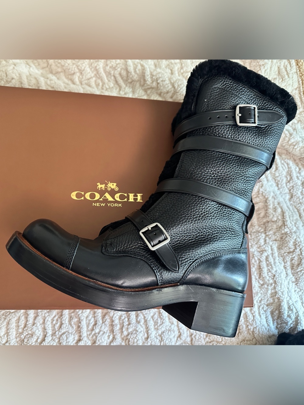Coach Black Pebbled Leather Fur Shearling  Buckle Strap Combat Boot